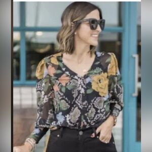 Cabi #3762 Womens Snake Charmer Floral Blouse Long Sleeve Sheer Sz M